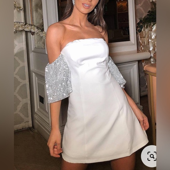 Club L London Sequin Off Shoulder White Mini Dress - Picture 2 of 11